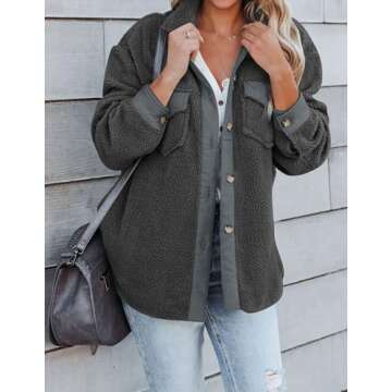 ZESICA Womens Winter Casual Sherpa Fleece Jacket Long Sleeve Button Solid Warm Fuzzy Outwear Coat Po...