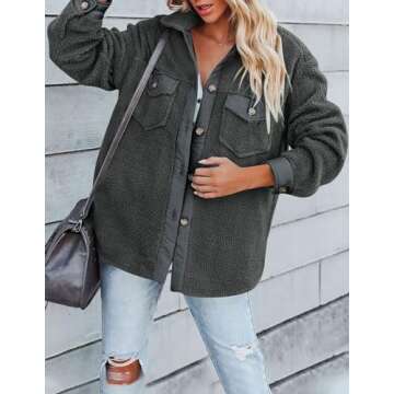 ZESICA Womens Winter Casual Sherpa Fleece Jacket Long Sleeve Button Solid Warm Fuzzy Outwear Coat Pockets,DarkGrey,Medium