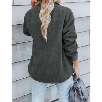 ZESICA Womens Winter Casual Sherpa Fleece Jacket Long Sleeve Button Solid Warm Fuzzy Outwear Coat Pockets,DarkGrey,Medium