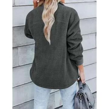 ZESICA Womens Winter Casual Sherpa Fleece Jacket Long Sleeve Button Solid Warm Fuzzy Outwear Coat Pockets,DarkGrey,Medium