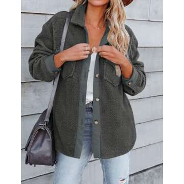 ZESICA Womens Winter Casual Sherpa Fleece Jacket Long Sleeve Button Solid Warm Fuzzy Outwear Coat Pockets,DarkGrey,Medium