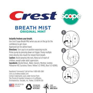 Crest Scope | One 4-Pack of Mint Breath Mist Sprays (4 Total Sprays) - 0.24 Ounce (7mL) - Made in an FDA Audited USA Facility