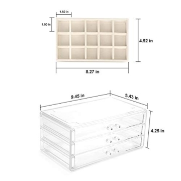 FEISCON Acrylic Jewelry Organizer Makeup Cosmetic Storage Organizer box Clear Jewelry Case with 3 Drawers Adjustable Jewelry Box Velvet Trays grid size