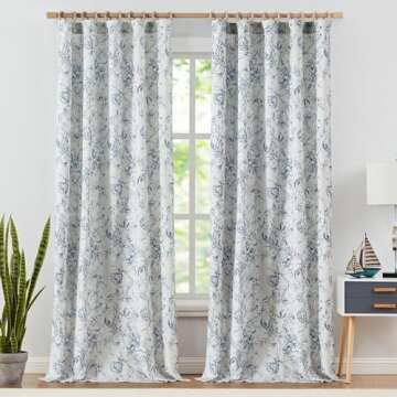 jinchan Floral Curtains 96 Inches Long Blue Flower Linen Farmhouse Curtains for Living Room French C...