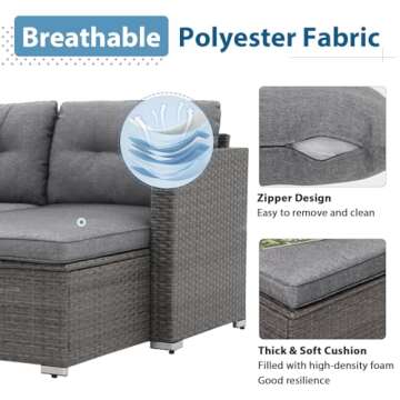 JOIVI Outdoor Patio Furniture Sets, All Weather Outdoor Sectional Patio Sofa, Wicker Rattan Outdoor Couch Patio Set with Cushions, Tempered Glass Table, 3-Piece Outdoor Seating Sofas, Gray