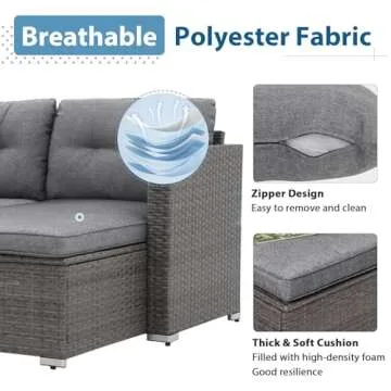 JOIVI Outdoor Patio Furniture Sets, All Weather Outdoor Sectional Patio Sofa, Wicker Rattan Outdoor Couch Patio Set with Cushions, Tempered Glass Table, 3-Piece Outdoor Seating Sofas, Gray