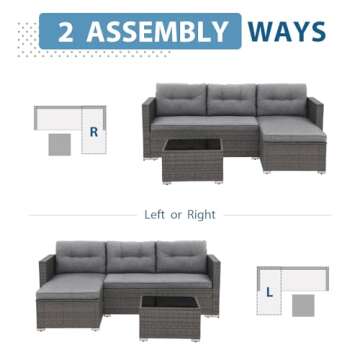 JOIVI Outdoor Patio Furniture Sets, All Weather Outdoor Sectional Patio Sofa, Wicker Rattan Outdoor Couch Patio Set with Cushions, Tempered Glass Table, 3-Piece Outdoor Seating Sofas, Gray