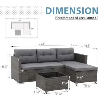 JOIVI Outdoor Patio Furniture Sets, All Weather Outdoor Sectional Patio Sofa, Wicker Rattan Outdoor Couch Patio Set with Cushions, Tempered Glass Table, 3-Piece Outdoor Seating Sofas, Gray