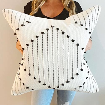 blue page Boho Throw Pillow Covers, Black and Cream White, Set of 2 Modern Farmhouse Accent Home Decor, Neutral Woven Decorative Pillow Covers for Couch/Bed (18 x 18 Inches, Cream/Black)