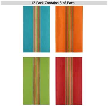 COTTON CRAFT Salsa Stripe Kitchen Towels - 12 Pack 100% Cotton Tea Dish Towels - Absorbent Reusable Low Lint Quick Dry - Multi Purpose Cooking Drying Restaurant Bar Cleaning Cloth Napkin - 16x28 Multi