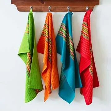 COTTON CRAFT Salsa Stripe Kitchen Towels - 12 Pack 100% Cotton Tea Dish Towels - Absorbent Reusable Low Lint Quick Dry - Multi Purpose Cooking Drying Restaurant Bar Cleaning Cloth Napkin - 16x28 Multi