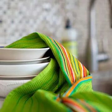 COTTON CRAFT Salsa Stripe Kitchen Towels - 12 Pack 100% Cotton Tea Dish Towels - Absorbent Reusable Low Lint Quick Dry - Multi Purpose Cooking Drying Restaurant Bar Cleaning Cloth Napkin - 16x28 Multi