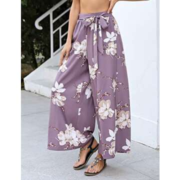 Clearlove Flowy Pants for Women Trendy Floral Print Boho Pants Lounge Lightweight Summer Palazzo Beach Pants Wide Leg