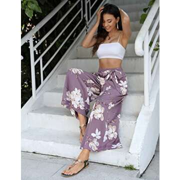 Clearlove Flowy Pants for Women Trendy Floral Print Boho Pants Lounge Lightweight Summer Palazzo Beach Pants Wide Leg