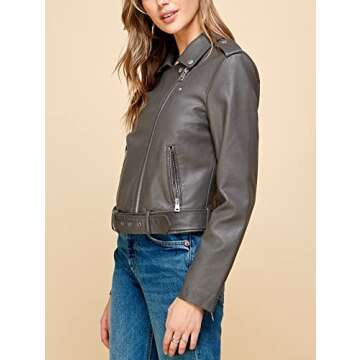 Made By Johnny MBJ WJC1849 Women's Asymmetrical Faux Lether Belted Moto Jacket XL Grey