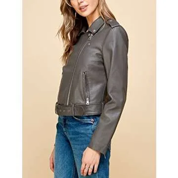 Made By Johnny MBJ WJC1849 Women's Asymmetrical Faux Lether Belted Moto Jacket XL Grey