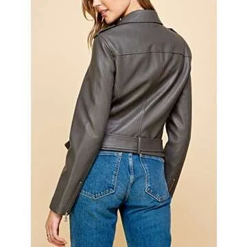 Made By Johnny MBJ WJC1849 Women's Asymmetrical Faux Lether Belted Moto Jacket XL Grey