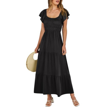 ANRABESS Women’s 2025 Summer Casual Maxi Dress Flutter Sleeve Scoop Neck Smocked Tiered A Line Flo...