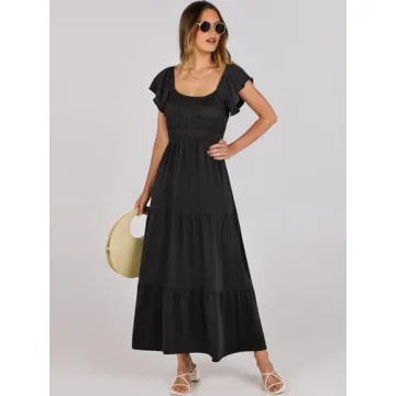 ANRABESS Women’s 2025 Summer Casual Maxi Dress Flutter Sleeve Scoop Neck Smocked Tiered A Line Flowy Beach Long Sun Dresses Black Medium