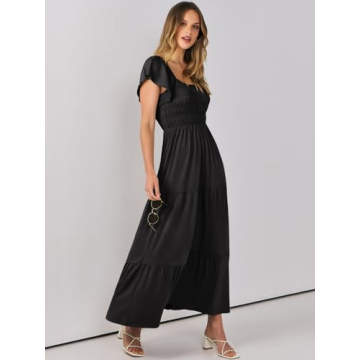ANRABESS Women’s 2025 Summer Casual Maxi Dress Flutter Sleeve Scoop Neck Smocked Tiered A Line Flowy Beach Long Sun Dresses Black Medium