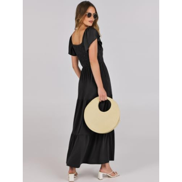 ANRABESS Women’s 2025 Summer Casual Maxi Dress Flutter Sleeve Scoop Neck Smocked Tiered A Line Flowy Beach Long Sun Dresses Black Medium