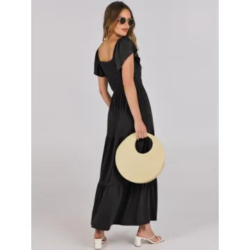 ANRABESS Women’s 2025 Summer Casual Maxi Dress Flutter Sleeve Scoop Neck Smocked Tiered A Line Flowy Beach Long Sun Dresses Black Medium