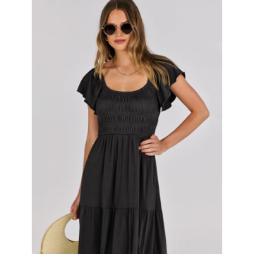 ANRABESS Women’s 2025 Summer Casual Maxi Dress Flutter Sleeve Scoop Neck Smocked Tiered A Line Flowy Beach Long Sun Dresses Black Medium