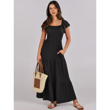 ANRABESS Women’s 2025 Summer Casual Maxi Dress Flutter Sleeve Scoop Neck Smocked Tiered A Line Flowy Beach Long Sun Dresses Black Medium