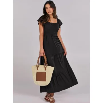 ANRABESS Women’s 2025 Summer Casual Maxi Dress Flutter Sleeve Scoop Neck Smocked Tiered A Line Flowy Beach Long Sun Dresses Black Medium