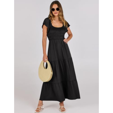 ANRABESS Women’s 2025 Summer Casual Maxi Dress Flutter Sleeve Scoop Neck Smocked Tiered A Line Flowy Beach Long Sun Dresses Black Medium