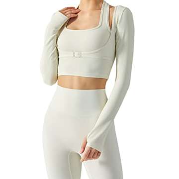 Women's Halter Crop Top Long Sleeve Workout Yoga Tank Top Ribbed Training Fitness Gym Sports Bra Padded Athletic Running Shirt Cropped Tank Top Beige White