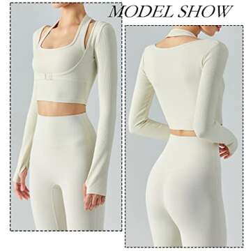 Women's Halter Crop Top Long Sleeve Workout Yoga Tank Top Ribbed Training Fitness Gym Sports Bra Padded Athletic Running Shirt Cropped Tank Top Beige White
