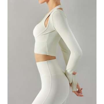 Women's Halter Crop Top Long Sleeve Workout Yoga Tank Top Ribbed Training Fitness Gym Sports Bra Padded Athletic Running Shirt Cropped Tank Top Beige White