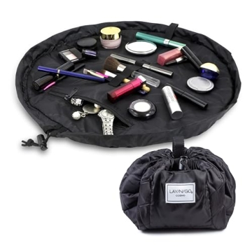 Lay-n-Go Cosmo Drawstring Cosmetic & Makeup Bag Organizer - Portable Drawstring Makeup Bag w/Zipper Pocket, Makeup Loops & More - Durable, Machine Washable Makeup Bag for Travel (20”, Black)