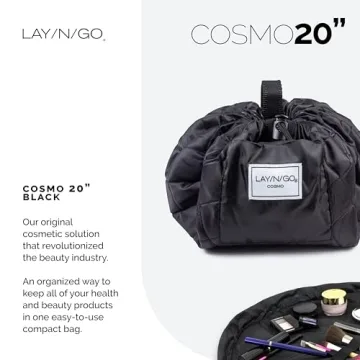 Lay-n-Go Cosmo Drawstring Cosmetic & Makeup Bag Organizer - Portable Drawstring Makeup Bag w/Zipper Pocket, Makeup Loops & More - Durable, Machine Washable Makeup Bag for Travel (20”, Black)