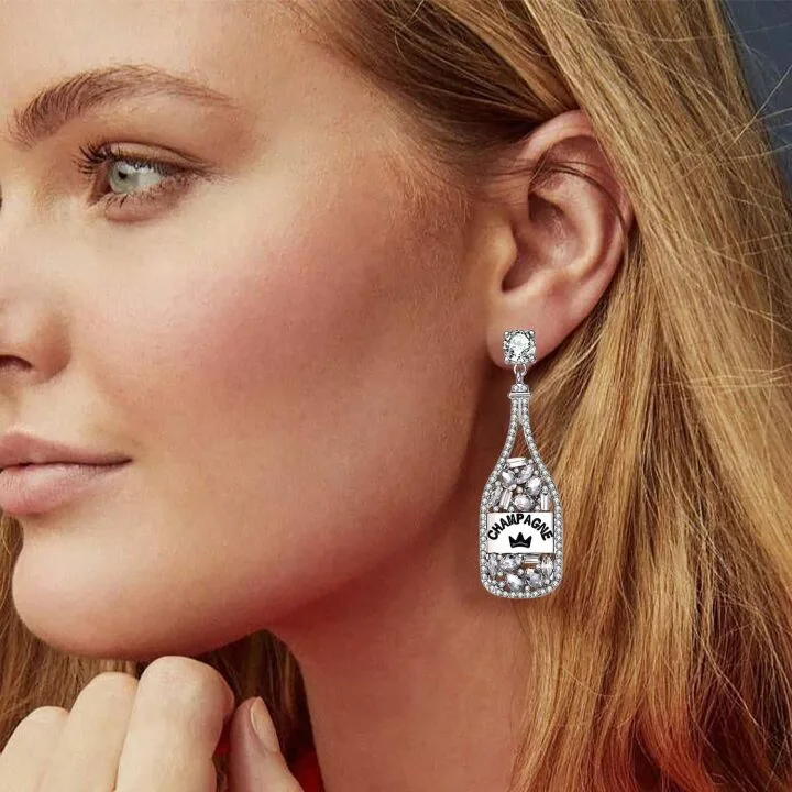 Champagne Bottle Earrings - Dangle Rhinestone Design