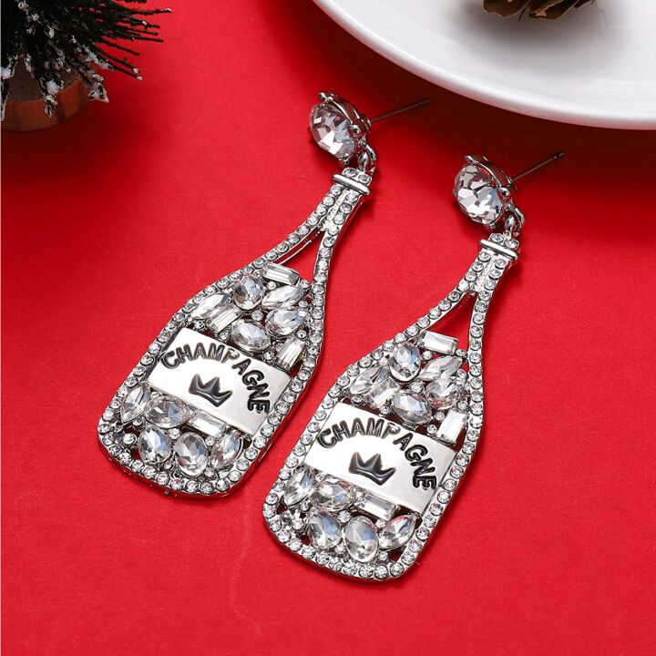 Champagne Bottle Earrings - Dangle Rhinestone Design
