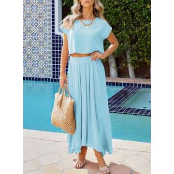 Dokotoo Summer Dresses for Women 2024 Casual 2 Piece Skirt Sets Outfits Round Neck Tops Dress Ruffle...