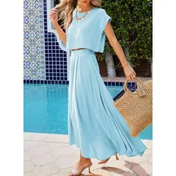 Dokotoo 2024 Women's Casual 2 Piece Skirt Set Sky Blue