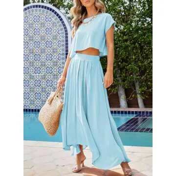 Dokotoo 2024 Women's Casual 2 Piece Skirt Set Sky Blue