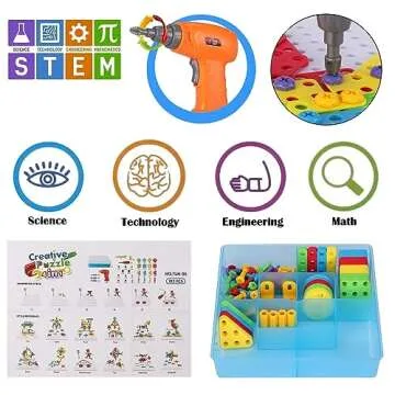 SUPSTEM Creative Toys for Kids 4-8, Mosaic Drill Set with Screwdriver Tool Playset, Electric Drill Toy with Rainbow Fasteners, Premium STEM Building Set for Ages 3+