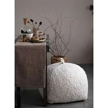 Creative Co-Op Woven Cotton Bouclé Handle, Cream Color Pouf, White