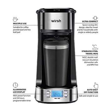 wirsh Single Serve Coffee Maker- Small Coffee Maker with Programmable Timer and LCD display,Single C...