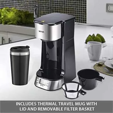 wirsh Single Serve Coffee Maker- Small Coffee Maker with Programmable Timer and LCD display,Single Cup Coffee Maker with 14 oz.Travel Mug and Reusable Coffee Filter, 【 NOT COMPATIBLE WITH POD】