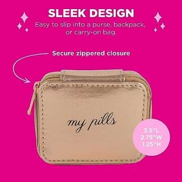 Miamica Zippered “My Pills” Pill Case with 8-Day Removable Plastic Medicine Organizer, Rose Gold, 3.5” L x 2.75” W x 1.25” H – Keep Your Vitamins and Pills Organized – Compact and Sleek Pill Box