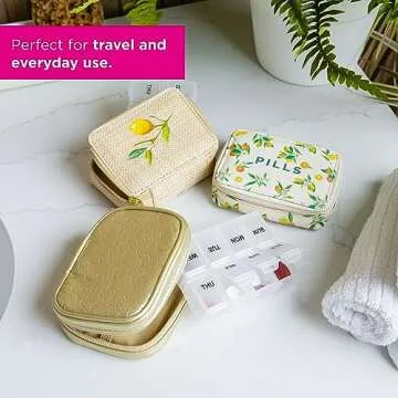 Miamica Zippered “My Pills” Pill Case with 8-Day Removable Plastic Medicine Organizer, Rose Gold, 3.5” L x 2.75” W x 1.25” H – Keep Your Vitamins and Pills Organized – Compact and Sleek Pill Box