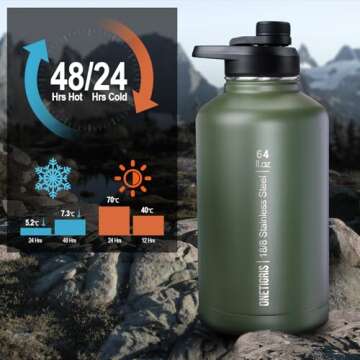 OneTigris Tactical Half Gallon Water Bottle with Straw - 64 oz Vacuum Insulated Stainless Steel Water Jug, Leakproof Sport Bottle with 3 BPA Free Lids, Paracord Handle & MOLLE Water Pouch for Outdoor