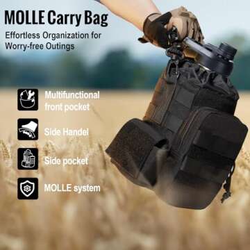 OneTigris Tactical Half Gallon Water Bottle with Straw - 64 oz Vacuum Insulated Stainless Steel Water Jug, Leakproof Sport Bottle with 3 BPA Free Lids, Paracord Handle & MOLLE Water Pouch for Outdoor