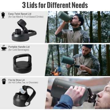 OneTigris Tactical Half Gallon Water Bottle with Straw - 64 oz Vacuum Insulated Stainless Steel Water Jug, Leakproof Sport Bottle with 3 BPA Free Lids, Paracord Handle & MOLLE Water Pouch for Outdoor