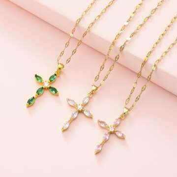Cross Necklace for Women Diamond Cross Pendant Necklace Cubic Zirconia Crystal Birthstone Cross Necklace Religious Gifts for Women Style1 White
